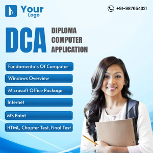 Image promoting a DCA (Diploma in Computer Application) course with a student.