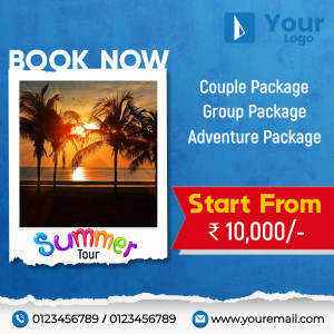 Summer tour package advertisement with beach sunset and pricing.