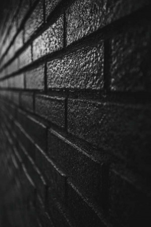 Close-up of a dark, textured brick wall in black and white