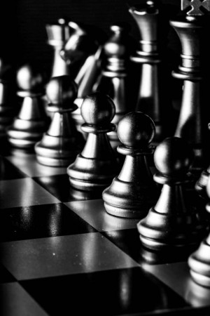 Close-up of chess pieces on a chessboard