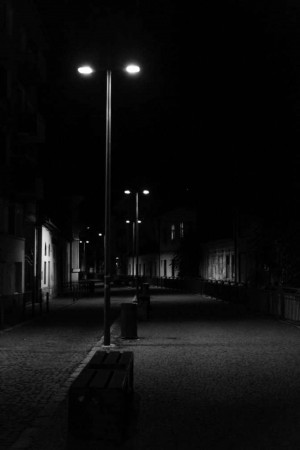 Black and white image of a street at night with streetlights
