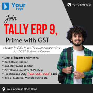 Image promoting a Tally ERP 9 course with GST, featuring a student.