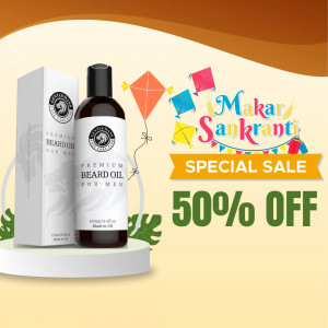 Beard oil product advertisement with Makar Sankranti theme and 50% off sale