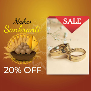 Makar Sankranti sale advertisement featuring gold rings and traditional sweets.