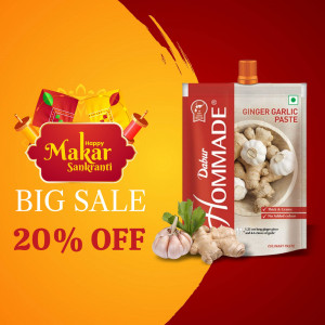 Dabur Hommade Ginger Garlic Paste with Makar Sankranti festive decorations and sale offer.