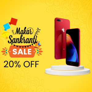 Red iPhone on display with Makar Sankranti decorations and a 20% off sale announcement.