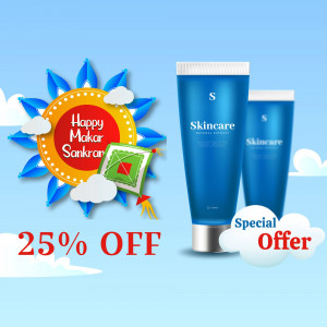 Skincare products with Makar Sankranti greetings and a discount offer.