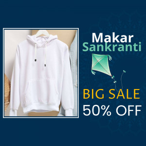 White hoodie with Makar Sankranti kite and sale promotion