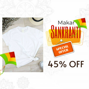 White t-shirt mockup with Makar Sankranti themed promotional graphic