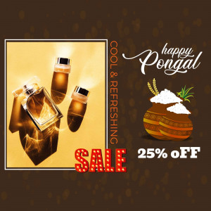 Pongal festival sale advertisement with perfume bottles and traditional pot