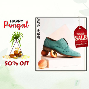 Pongal sale advertisement featuring a teal shoe and festive decorations.