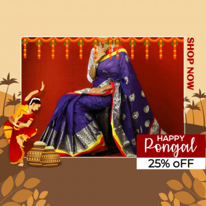 Woman in a blue saree with a traditional Pongal decoration and sale announcement.