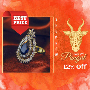 Image of a diamond and sapphire ring with a 'Best Price' tag and Pongal greetings.