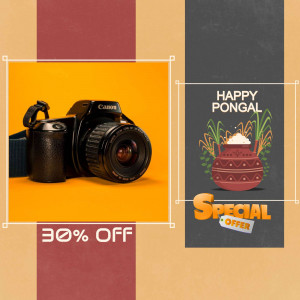 Camera with Pongal decorations and a 30% off offer