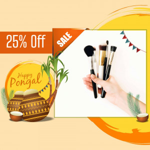 Pongal sale advertisement featuring makeup brushes and festive decorations.