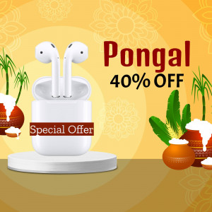 Wireless earbuds with a Pongal festival themed advertisement offering a 40% discount.