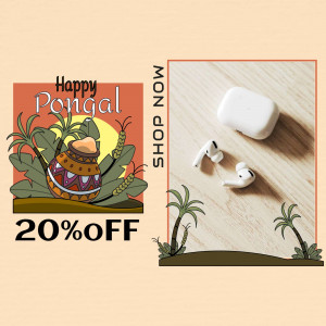 Pongal festival sale advertisement featuring AirPods with a 20% discount.