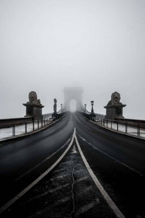 Black and white image of the Chain Bridge in Budapest shrouded in fog.