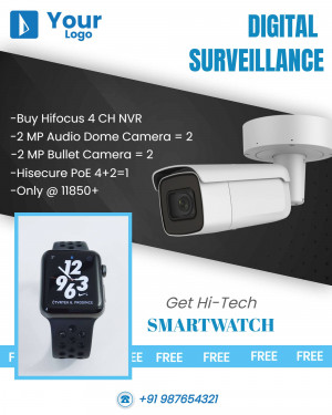 Image showcasing a security camera system and a smartwatch with promotional text.