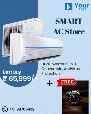 Image of a white split air conditioner with promotional text and a free gift offer.