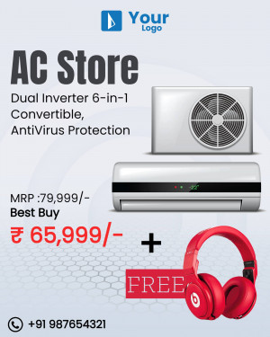 Advertisement for AC Store offering a Dual Inverter 6-in-1 Convertible AC with free headphones.