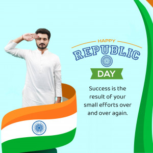 Man in traditional Indian attire saluting with Republic Day background