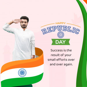 Man in traditional Indian attire saluting with Republic Day background