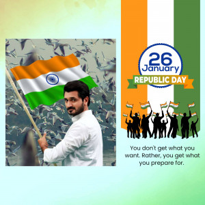 Indian Republic Day image with a man holding the flag and birds in the background