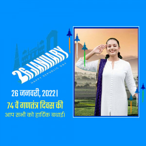Woman in white suit saluting with Republic Day background