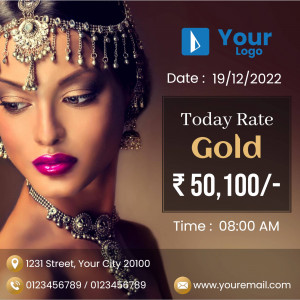 Image displaying the current gold rate with a model wearing gold jewelry.