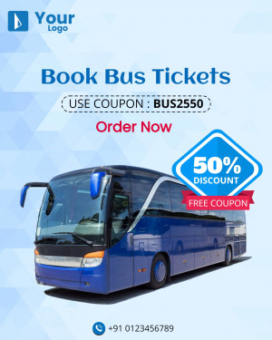 Advertisement for booking bus tickets with a 50% discount using coupon code BUS2550