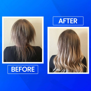 Before and after hair extension results showing significant improvement in volume and style.