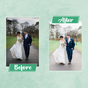Before and after comparison of a wedding photo editing process.