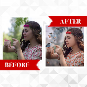 Before and after photo of a woman with butterflies, showcasing photo editing techniques.