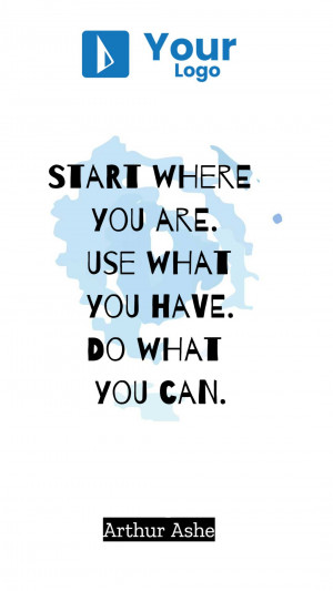Motivational quote by Arthur Ashe with a blue watercolor splash and logo.