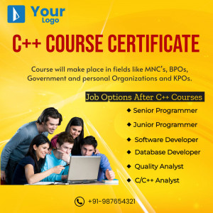 Image promoting a C++ course certificate with students studying and job options listed.