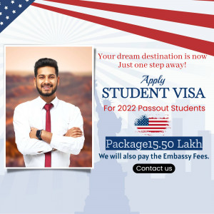 Image of a student with text promoting student visa application for 2022 passouts.