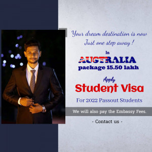 Image promoting student visa packages for Australia, featuring a young man in a suit.