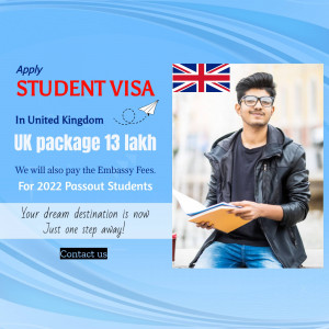 Image of a student with UK flag and text promoting student visa services for the United Kingdom.