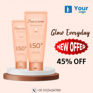 Sunscreen tubes with a 'New Offer' banner and discount percentage.