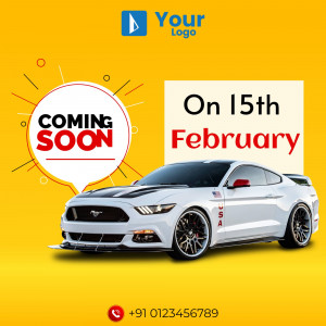 Promotional image announcing the launch of a new car, a white Ford Mustang, on February 15th.