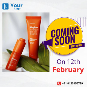 Bioglow makeup products with a 'Coming Soon' announcement.