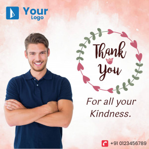 Man smiling with a thank you floral wreath and text.