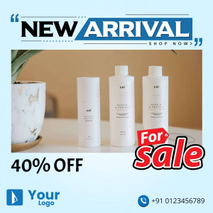 Image of hair care products with a new arrival and sale promotion.