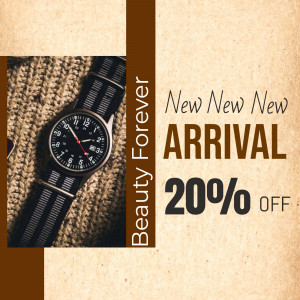 Close-up of a wristwatch with a sale announcement