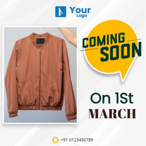 Brown bomber jacket with 'Coming Soon' announcement