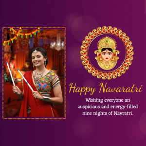 A festive Navaratri greeting with a woman performing Garba and a depiction of Goddess Durga.