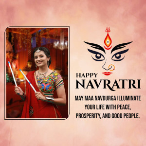 A woman in traditional attire performing Garba during Navratri with a Navdurga illustration.
