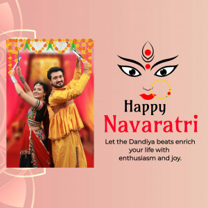 Couple performing Dandiya dance during Navaratri festival with Goddess Durga illustration