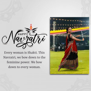 A woman performing Garba dance during Navratri festival with a Navratri greeting.